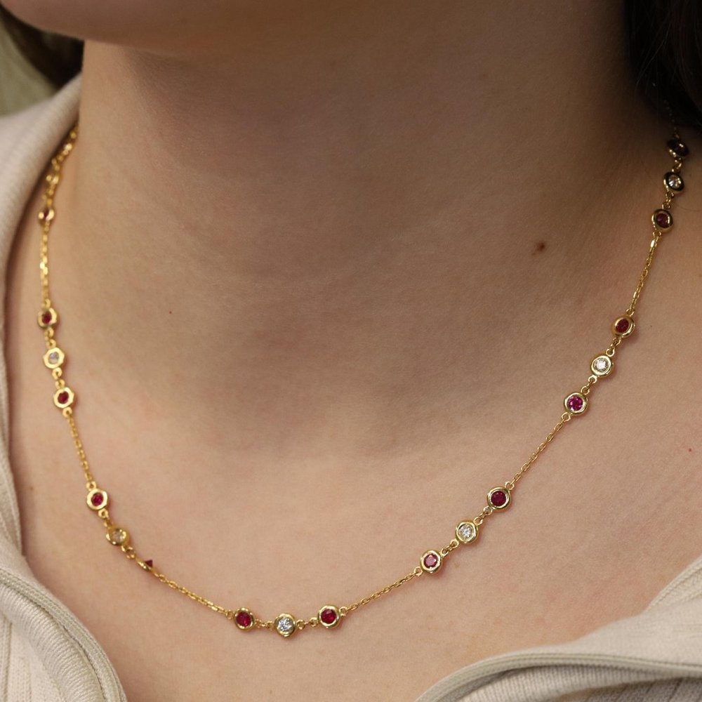 Rachel Koen Ruby Diamond By The Yard Necklace 14K Yellow Gold